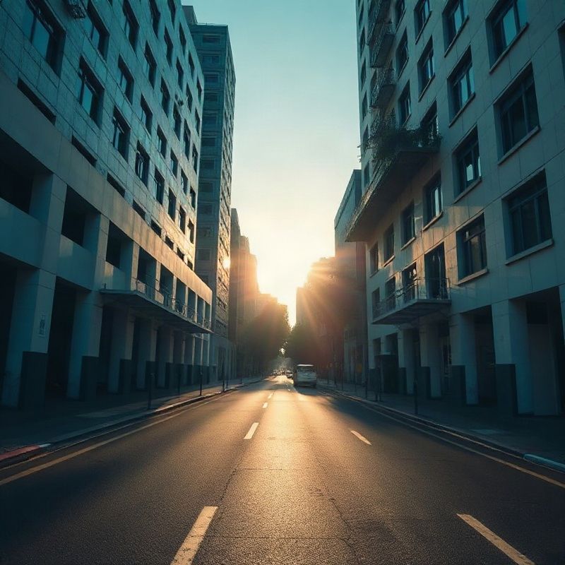 Rua vazia do Rio de Janeiro ao amanhecer, com neblina leve