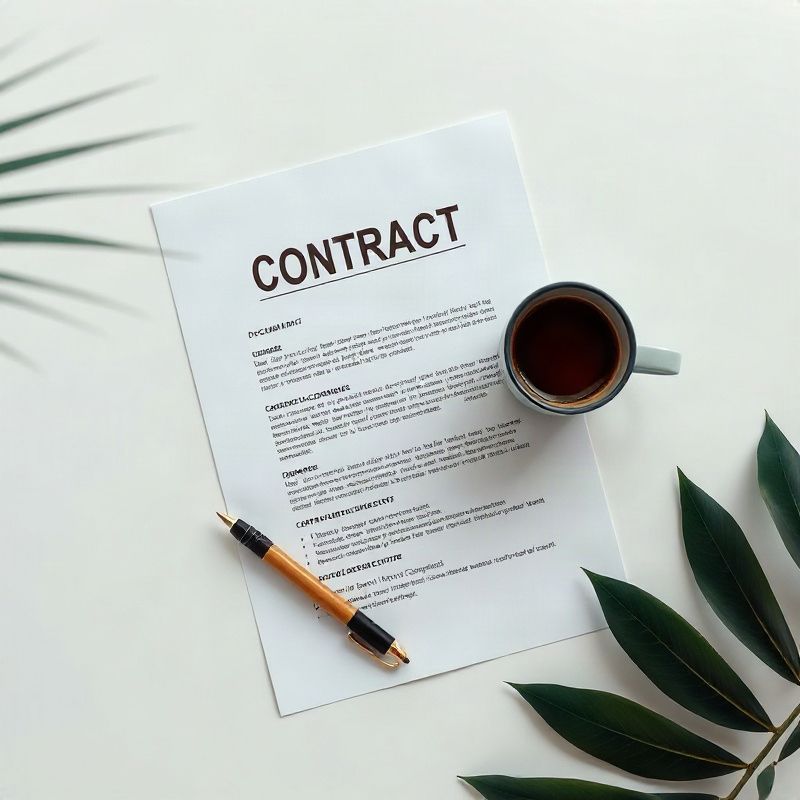 Documento de contrato sobre uma mesa limpa com caneta e xícara de café