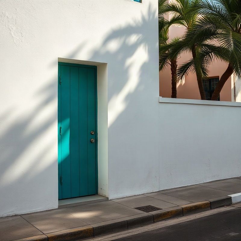 Porta pintada em teal em parede branca numa rua brasileira tranquila